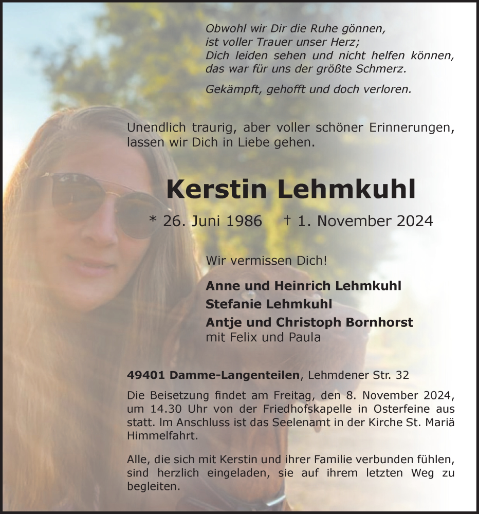  Traueranzeige für Kerstin Lehmkuhl vom 05.11.2024 aus OM-Medien