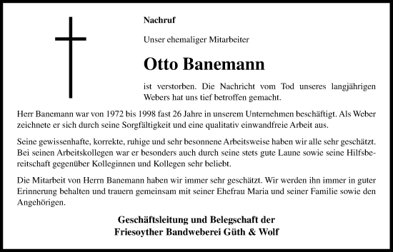 Anzeige von Otto Banemann von OM-Medien