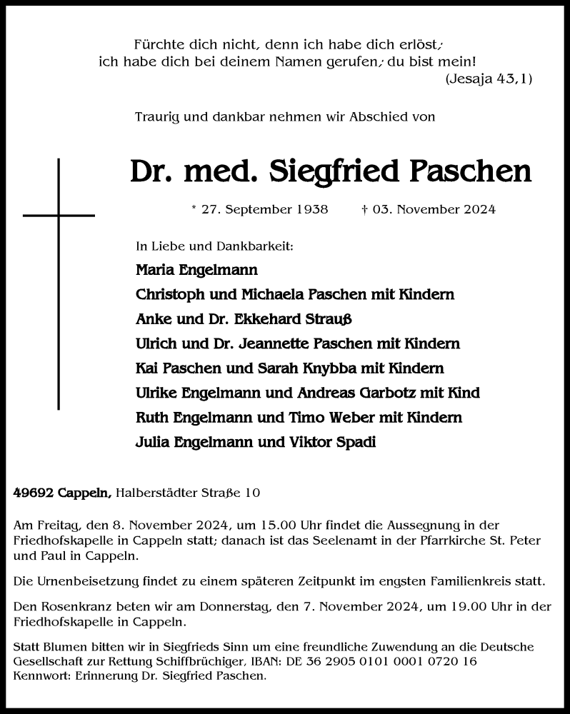  Traueranzeige für Siegfried Paschen vom 06.11.2024 aus OM-Medien