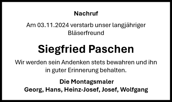 Anzeige von Siegfried Paschen von OM-Medien