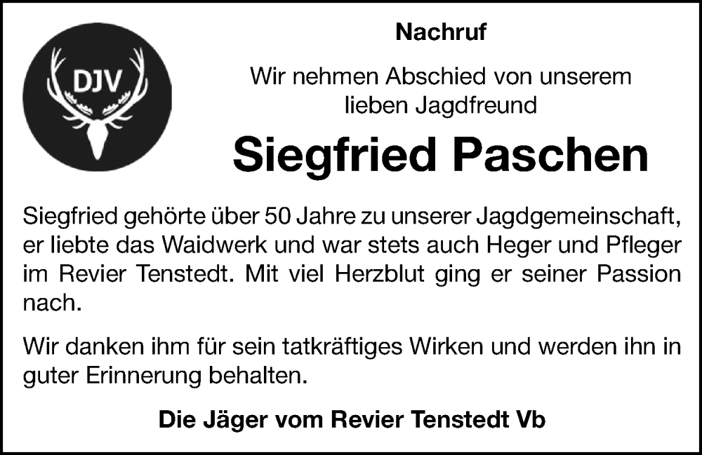  Traueranzeige für Siegfried Paschen vom 07.11.2024 aus OM-Medien