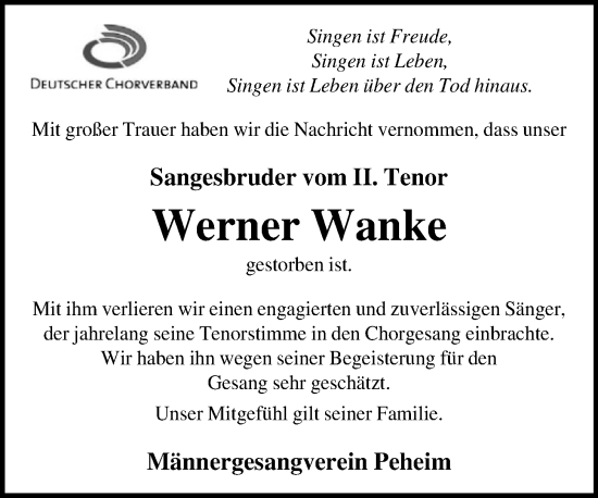 Anzeige von Werner Wanke von OM-Medien