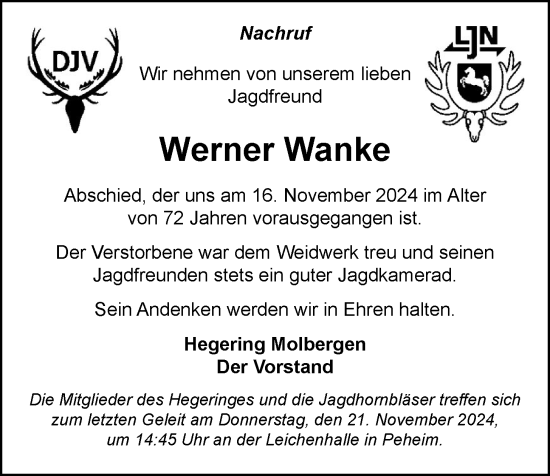 Anzeige von Werner Wanke von OM-Medien