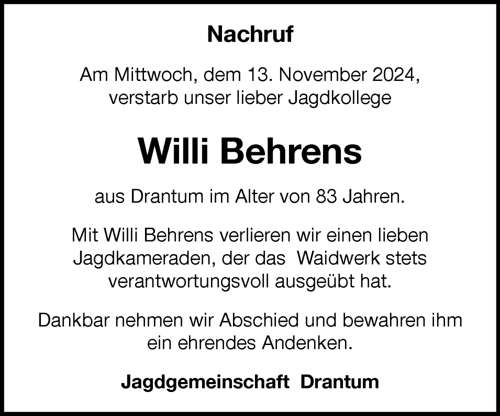  Traueranzeige für Willi Behrens vom 16.11.2024 aus OM-Medien