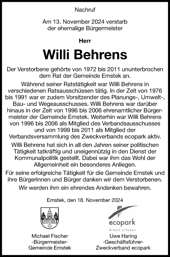 Anzeige von Willi Behrens von OM-Medien