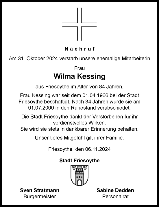 Anzeige von Wilma Kessing von OM-Medien