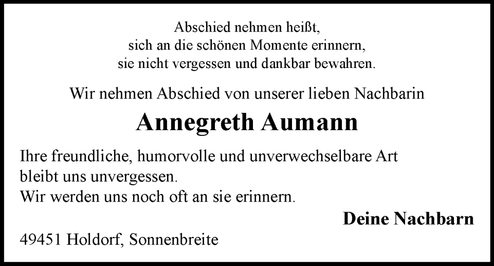  Traueranzeige für Annegreth Aumann vom 06.12.2024 aus OM-Medien