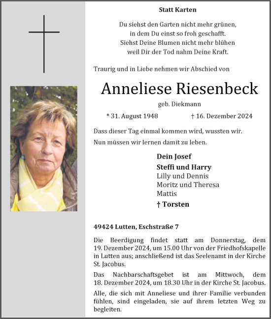 Anzeige von Anneliese Riesenbeck von OM-Medien