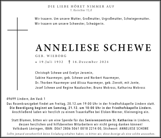 Anzeige von Anneliese Schewe von OM-Medien