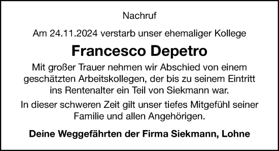 Anzeige von Francesco Depetro von OM-Medien