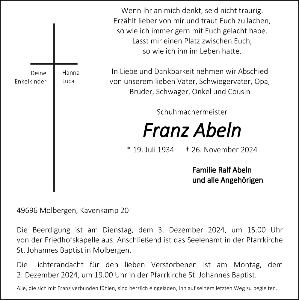  Traueranzeige für Franz Abeln vom 30.11.2024 aus OM-Medien