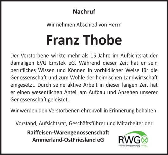 Anzeige von Franz Thobe von OM-Medien