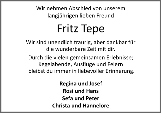 Anzeige von Fritz Tepe von OM-Medien