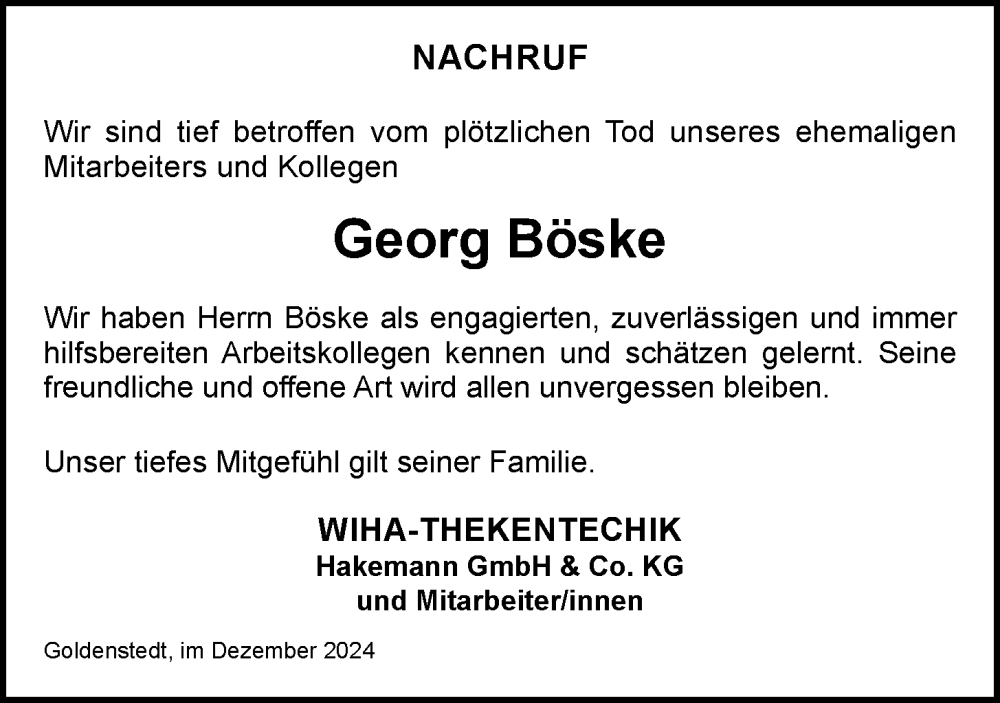  Traueranzeige für Georg Böske vom 10.12.2024 aus OM-Medien