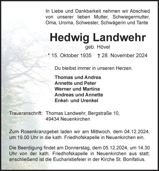 Anzeige von Hedwig Landwehr von OM-Medien