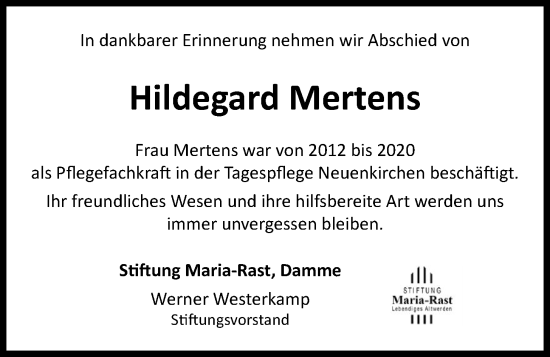 Anzeige von Hildegard Mertens von OM-Medien