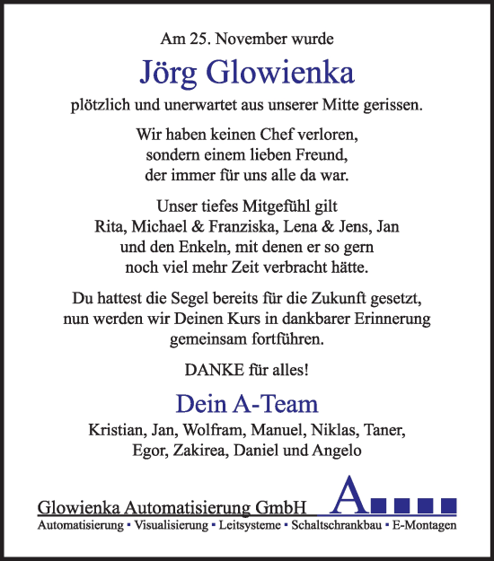 Anzeige von Jörg Glowienka von OM-Medien