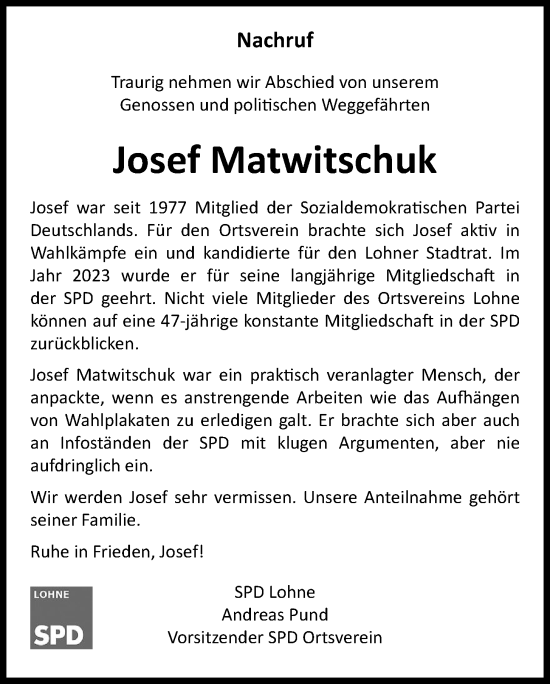 Anzeige von Josef Matwitschuk von OM-Medien