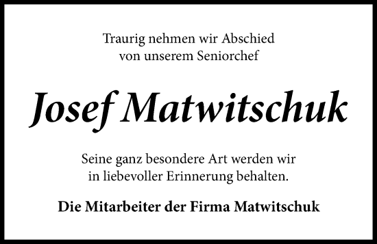 Anzeige von Josef Matwitschuk von OM-Medien