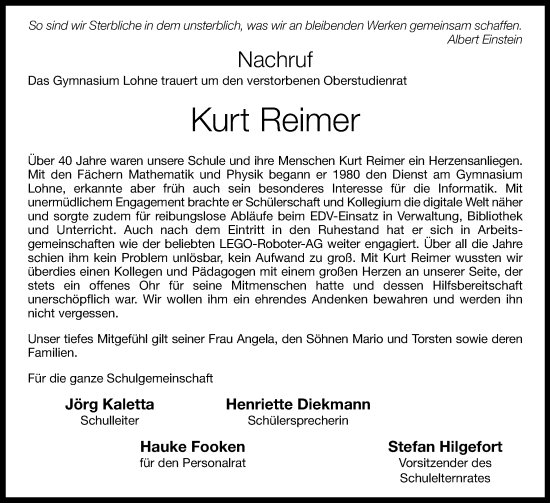 Anzeige von Kurt Reimer von OM-Medien