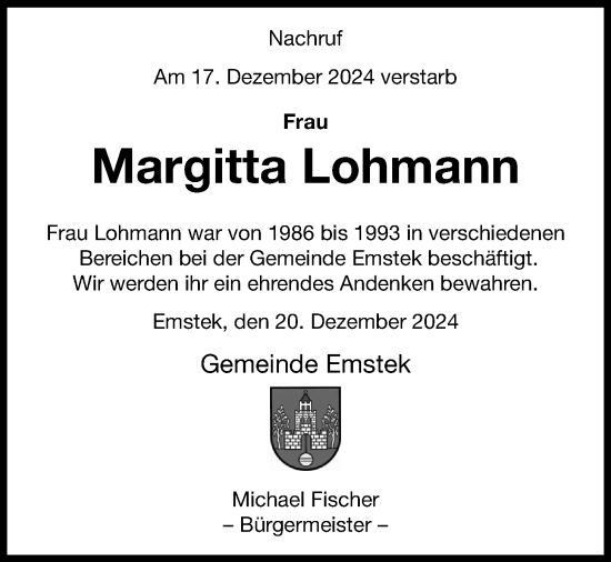 Anzeige von Margitta Lohmann von OM-Medien