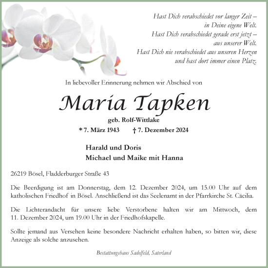 Anzeige von Maria Tapken von OM-Medien