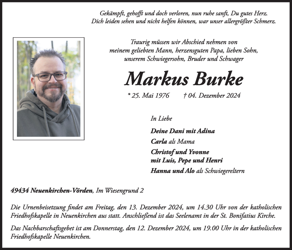  Traueranzeige für Markus Burke vom 07.12.2024 aus OM-Medien