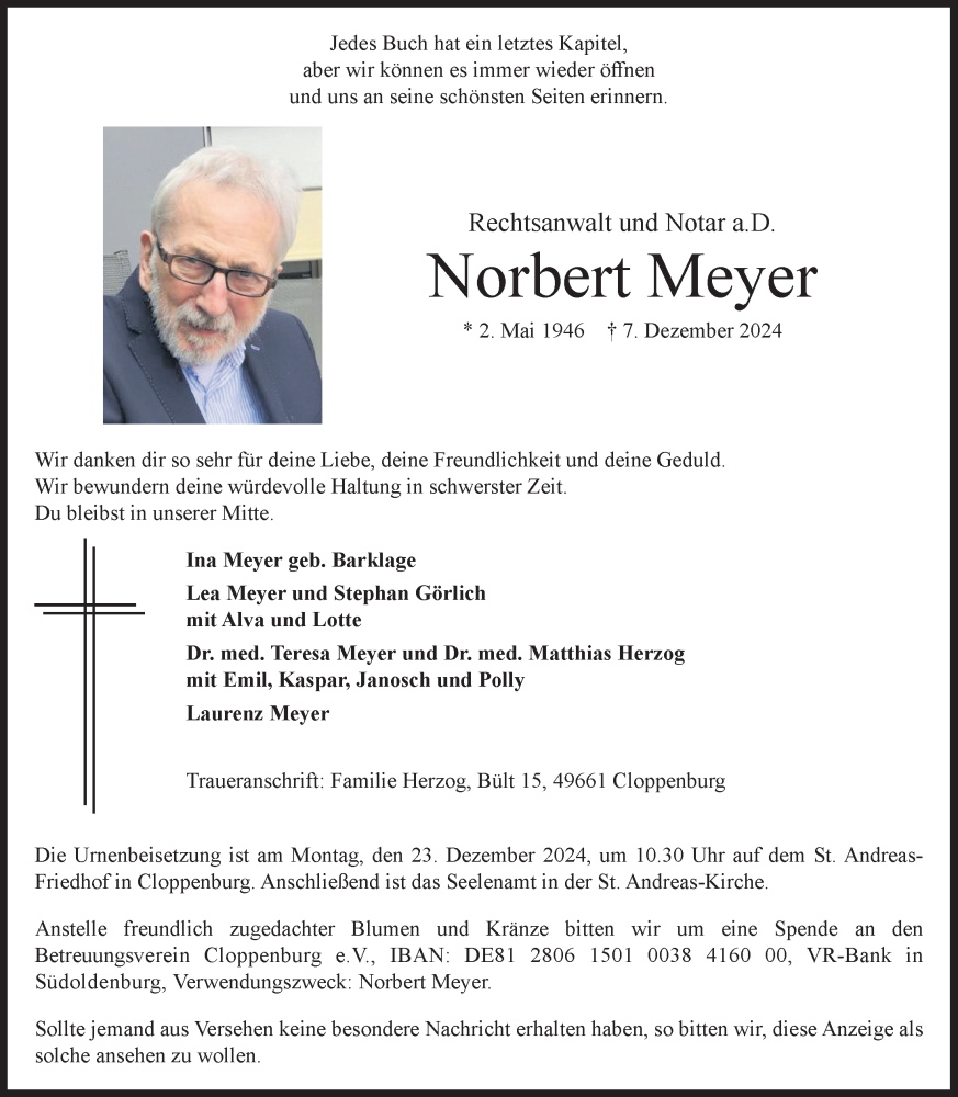  Traueranzeige für Norbert Meyer vom 19.12.2024 aus OM-Medien