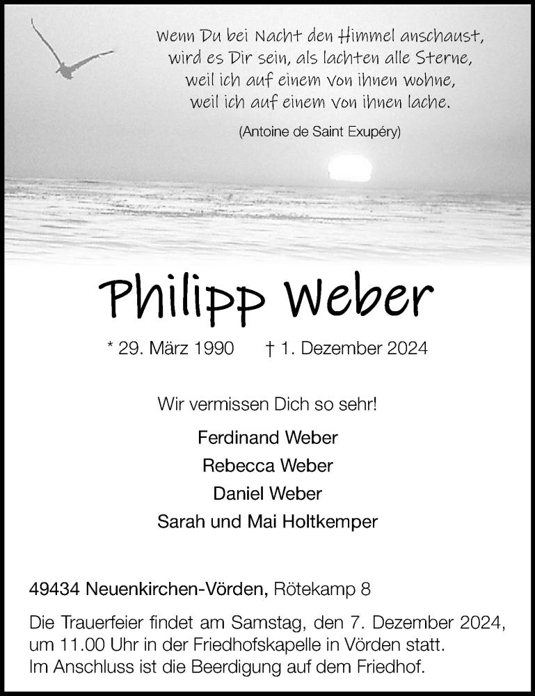  Traueranzeige für Philipp Weber vom 04.12.2024 aus OM-Medien