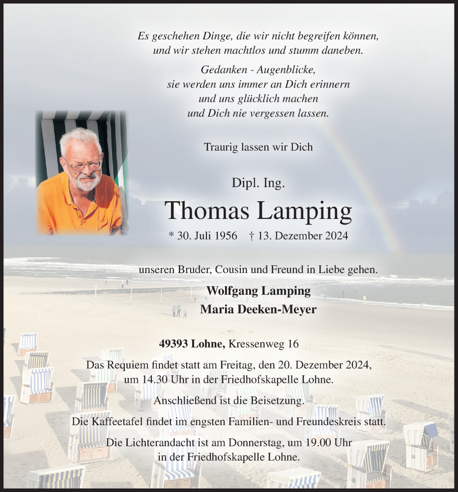  Traueranzeige für Thomas Lamping vom 17.12.2024 aus OM-Medien