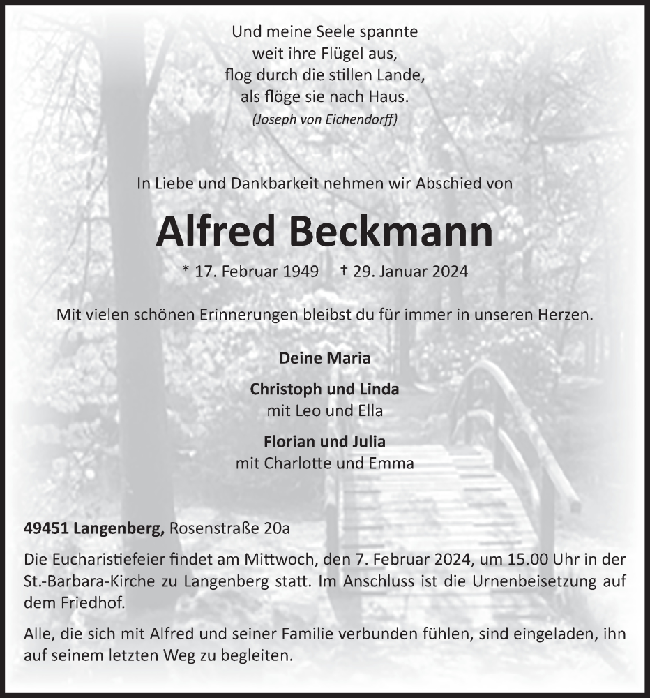  Traueranzeige für Alfred Beckmann vom 02.02.2024 aus OM-Medien