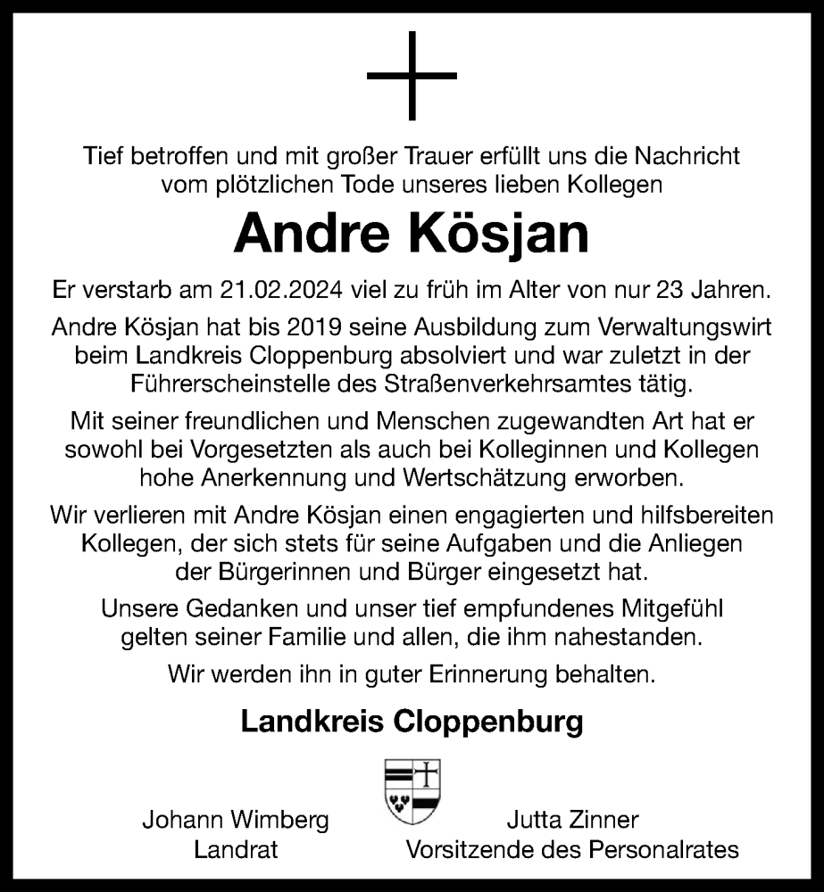  Traueranzeige für Andre Kösjan vom 27.02.2024 aus OM-Medien