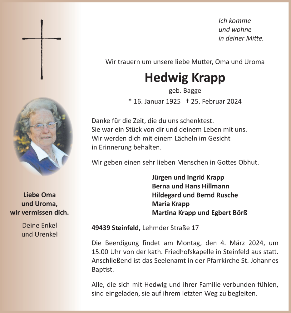  Traueranzeige für Hedwig Krapp vom 28.02.2024 aus OM-Medien