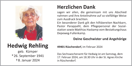 Anzeige von Hedwig Rehling von OM-Medien