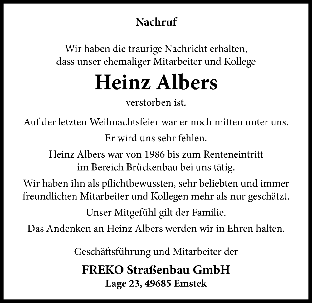  Traueranzeige für Heinz Albers vom 26.02.2024 aus OM-Medien