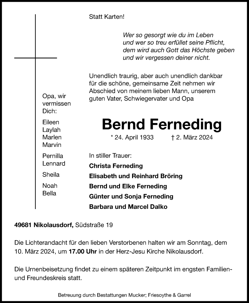  Traueranzeige für Bernd Ferneding vom 06.03.2024 aus OM-Medien