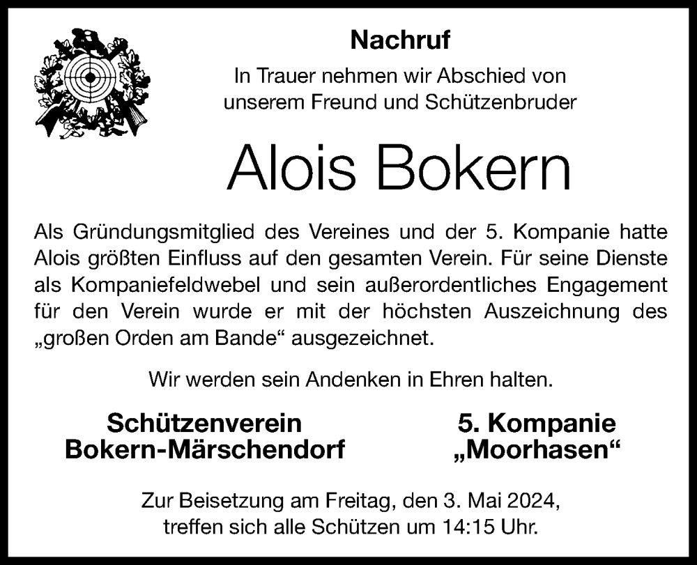  Traueranzeige für Alois Bokern vom 02.05.2024 aus OM-Medien