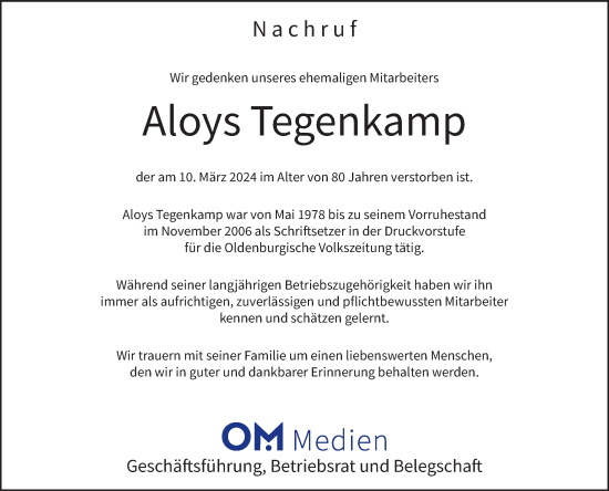 Anzeige von Aloys Tegenkamp von OM-Medien