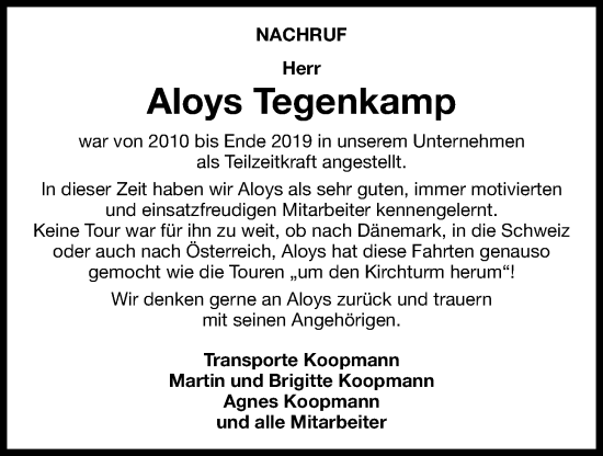 Anzeige von Aloys Tegenkamp von OM-Medien