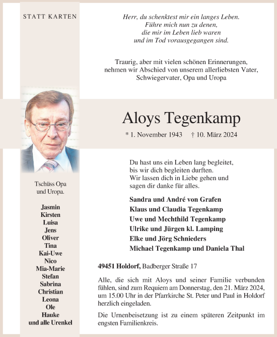 Anzeige von Aloys Tegenkamp von OM-Medien