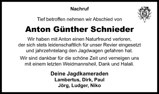 Anzeige von Anton Günther Schnieder von OM-Medien