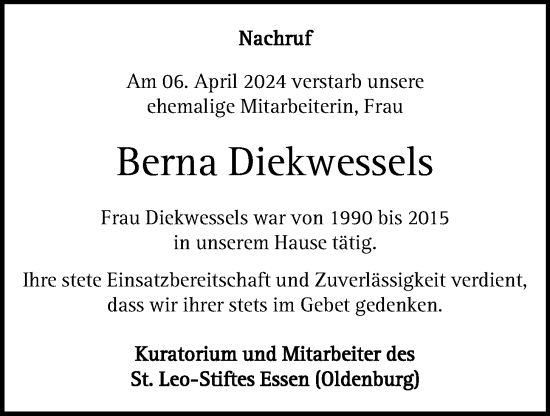 Anzeige von Berna Diekwessels von OM-Medien