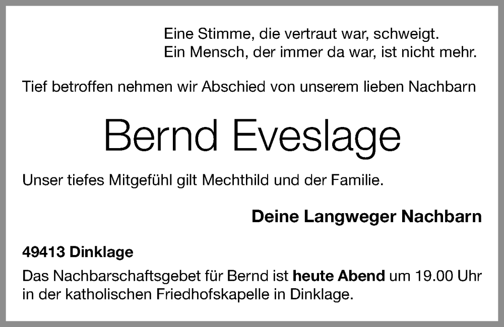  Traueranzeige für Bernd Eveslage vom 23.05.2024 aus OM-Medien