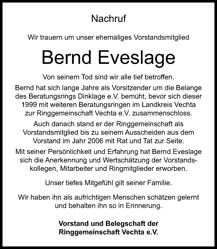  Traueranzeige für Bernd Eveslage vom 23.05.2024 aus OM-Medien