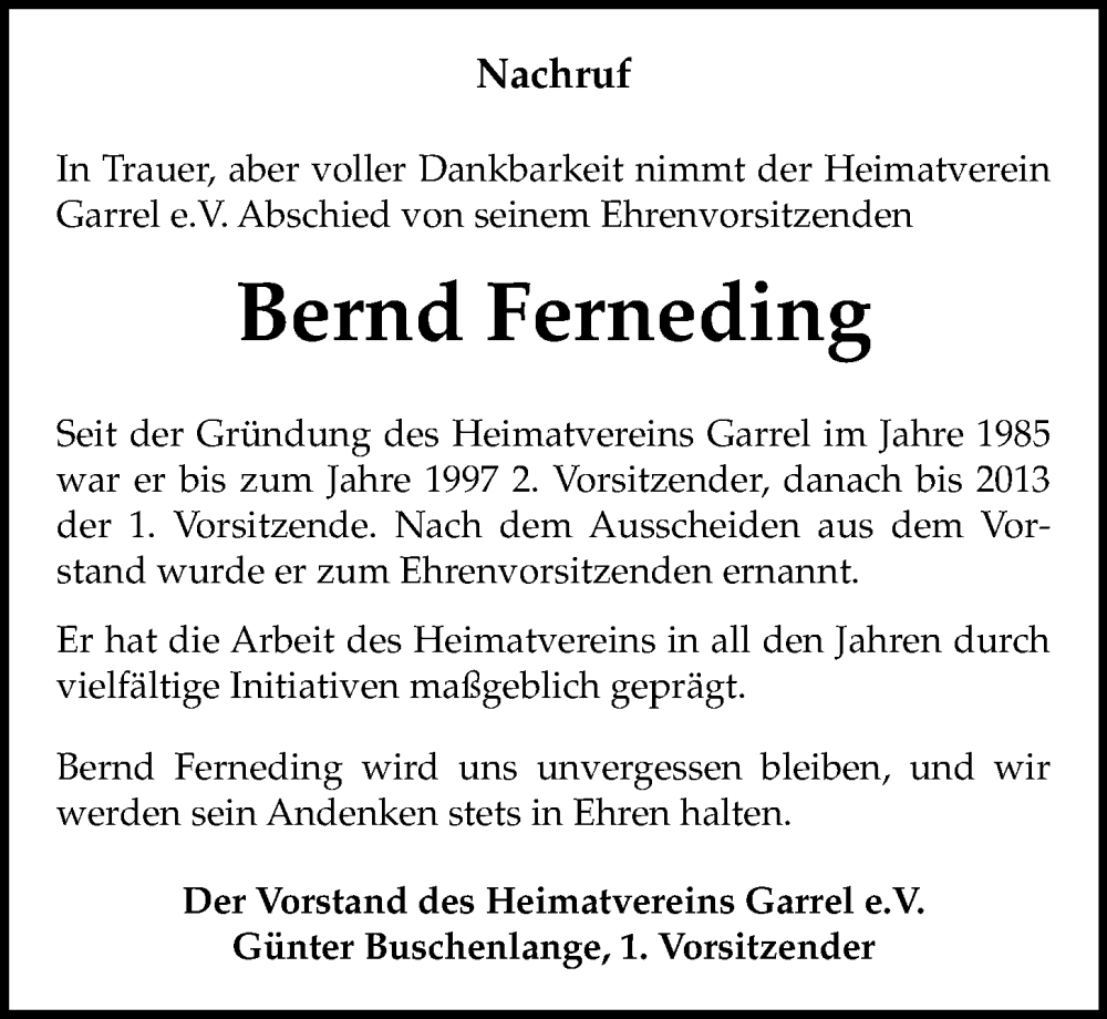  Traueranzeige für Bernd Ferneding vom 07.03.2024 aus OM-Medien