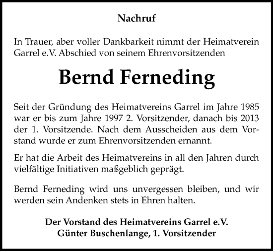 Anzeige von Bernd Ferneding von OM-Medien