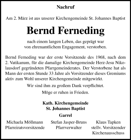 Anzeige von Bernd Ferneding von OM-Medien