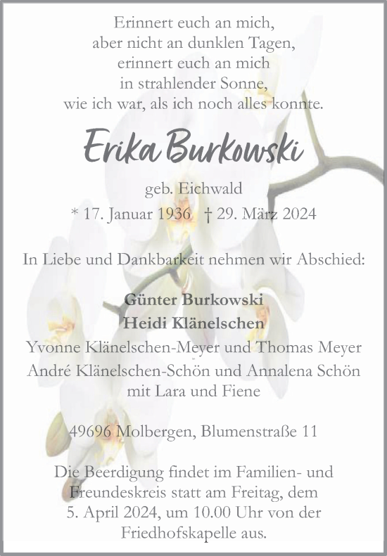 Anzeige von Erika Burkowski von OM-Medien