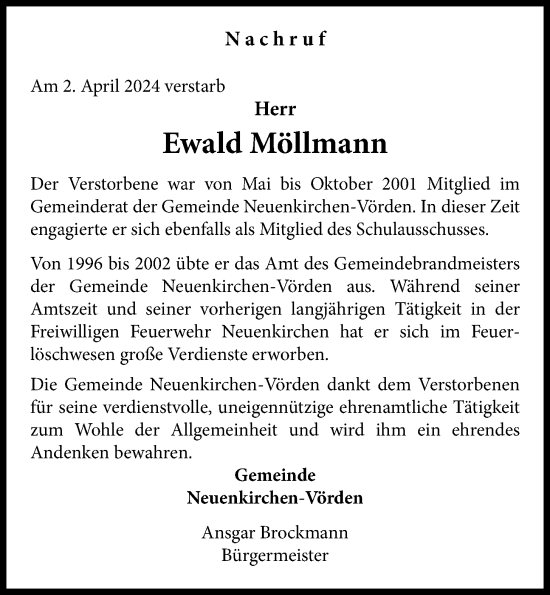 Anzeige von Ewald Möllmann von OM-Medien