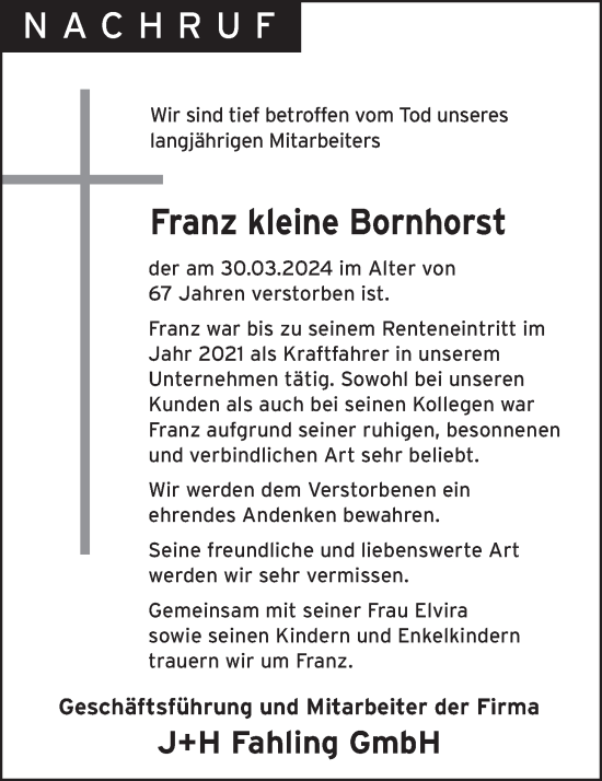 Anzeige von Franz kleine Bornhorst von OM-Medien